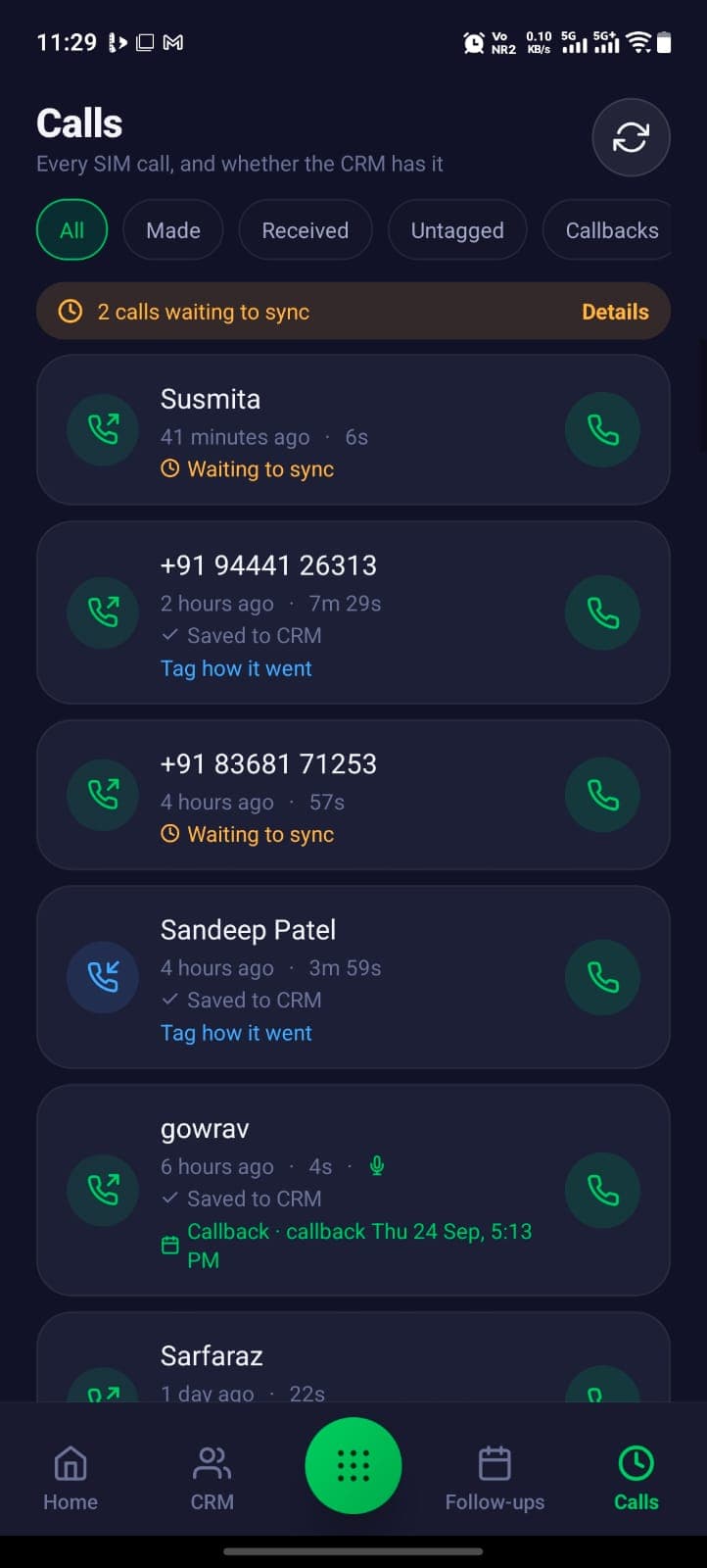 NeeN AI TeleCRM mobile app — Calls screen