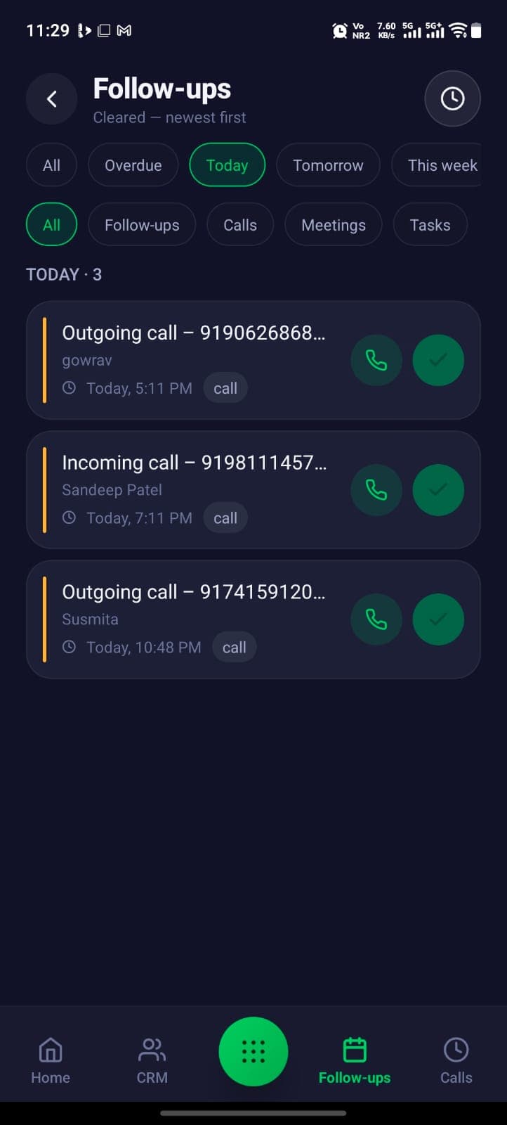 NeeN AI TeleCRM mobile app — Follow-ups screen